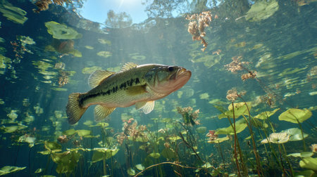 Largemouth Bass Swimming Gracefully in Clear Freshwater Lake Surrounded by Lush Aquatic Plants and Sunlit Rippled Surface Above Waterの素材