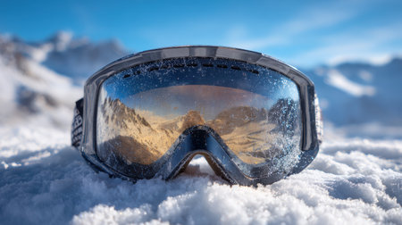 Winter Snow Sports Goggles with Stunning Mountain Reflection on Clear Lens Under Bright Blue Sky in Cold Weather Environmentの素材