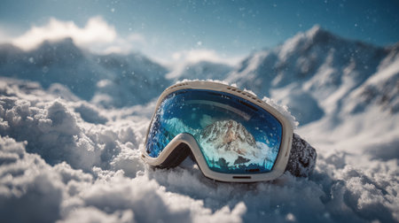 Snow-covered Ski Goggles with Snowy Mountains and Scenic Landscape Reflection in Lens, Perfect for Winter Outdoor Activities and Adventure Sportsの素材