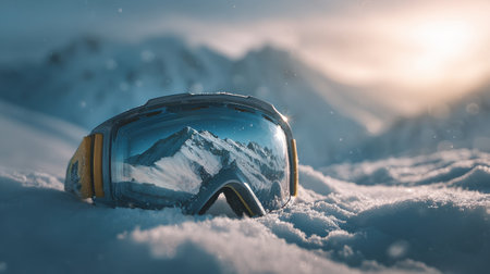Snowy Landscape Reflection in Ski Goggles Surrounded by Glimmering Snow Amidst Majestic Mountain Peaks Under a Soft Golden Lightの素材