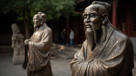 Ancient bronze statues of wise scholars in a serene traditional garden, showcasing intricate details and historical significance in a peaceful settingの素材