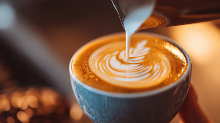 Close-up of Skilled Barista Pouring Cream into Coffee to Create Beautiful Latte Art Design with Swirls and Patterns in a Modern Cafeの素材