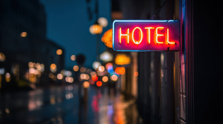 Neon Hotel Sign Illuminates Urban Street at Night with Colorful Bokeh and Reflective Wet Pavement Creating a Vibrant City Atmosphereの素材