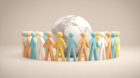 Diverse Group of Colorful Figures Holding Hands Around a Globe Representing Unity, Friendship, Cooperation, and Global Community in a Creative Conceptの素材