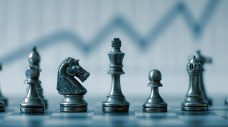 Focus on Chess Pieces with Graph Background Representing Strategy and Competition in Business and Games for Stock Photographyの素材