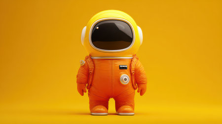 Playful and Colorful Astronaut Toy Character Standing Against Bright Yellow Background for Kids and Creative Imagery Projectsの素材