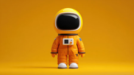 Cheerful yellow astronaut toy figure against a vibrant yellow background, highlighting playful design and creativity in modern childrens toys and decorationsの素材