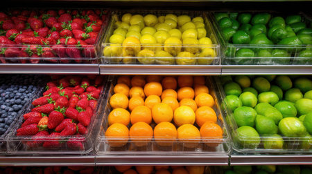 Fresh and Vibrant Display of assorted Fruits in Clear Plastic Containers arranged in Grocery Store Shelves, showcasing an Array of Colors and Texturesの素材