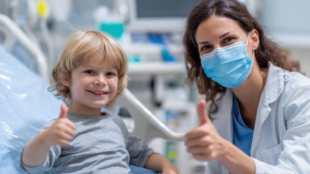 Happy child with blonde hair in hospital bed giving thumbs up with nurse wearing mask, showcasing care and support in medical environmentの素材