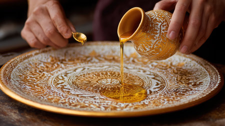 Hands pouring golden liquid from small jug onto ornate plate with intricate patterns and designs, creating a beautiful and artistic presentation in the kitchenの素材