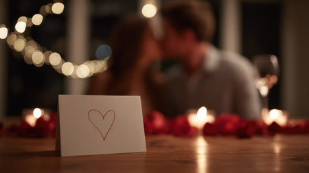 Romantic setting with heart card, candles, blurred couple in love, soft lights, intimate atmosphere, perfect for Valentine's Day celebrations and love storiesの素材