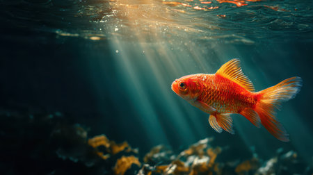 Vibrant Goldfish Swimming Gracefully Underwater with Sunlight Creating Beautiful Rays and Shadows in a Calm Aquatic Environmentの素材