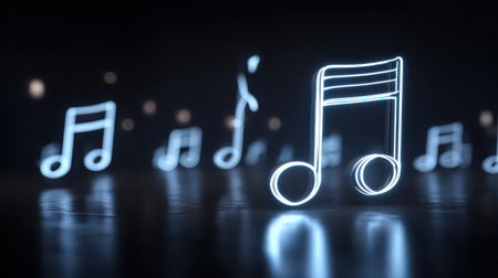 Ethereal Glow of Musical Notes in a Dark Background, Representing Sound and Harmony, in a Modern Inspirational and Artistic Styleの素材