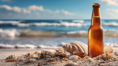 Refreshing Drink on Sandy Shore with Seashells and Ocean Waves Under a Blue Sky on a Sunny Dayの素材