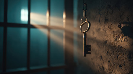 Key Hangs on Chain in Dimly Lit Prison Cell with Sunlight Streaming Through Window Bars Creating a Mysterious Atmosphere of Freedom and Hopeの素材