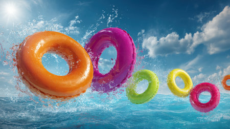 Colorful pool floats splashing in vibrant blue water under bright sunshine with clouds in the background creating a fun summer atmosphereの素材