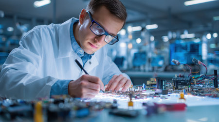 Focused Technician in Lab Coat Working on Circuit Board with Precision Tools in High-Tech Electronics Workshop Environmentの素材