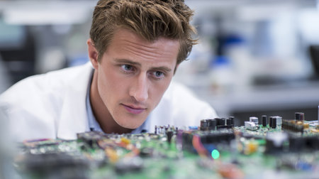 Focused male technician examines a circuit board with intricate electronic components in a modern laboratory setting, showcasing attention to detail and expertiseの素材