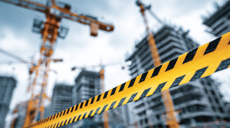 Construction site with yellow safety tape and cranes in the background, emphasizing urban development and building activities in progressの素材