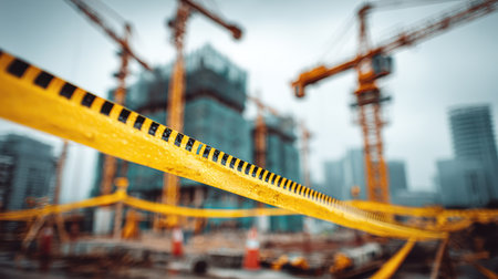 Construction Site with Yellow Caution Tape and Cranes Towering in the Background Under Cloudy Sky, Urban Development and Safety Precautions in Focusの素材