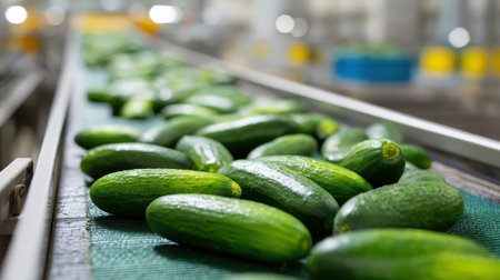 Fresh Cucumbers on a Conveyor Belt in a Modern Food Processing Facility with Blurred Background and Bright Lightingの素材
