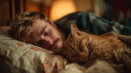 Cozy Scene of a Person and Cat Sleeping Together in a Warm Bedroom Environment with Soft Lighting and Peaceful Atmosphereの素材