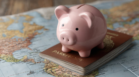 Pink Piggy Bank on Passport and World Map Representing Travel Savings and Financial Planning for Travelers and Adventure Seekersの素材