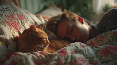 Cozy Moment of a Boy and a Cat in a Sunlit Bedroom, Featuring Soft Textiles, Dreamy Atmosphere and Serene Companionship in a Home Settingの素材