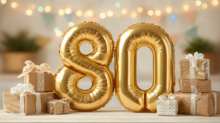 Celebrating Milestone Birthdays with Golden Balloons, Gifts, and Festive Decor for Special 80th Anniversary or Birthday Occasion in Elegant Settingの素材