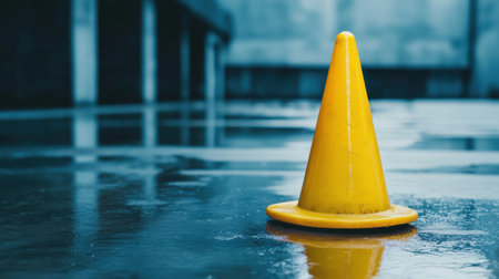 Bright Yellow Traffic Cone on Wet Pavement in Industrial Setting with Blurred Background and Reflection Captured in a Moment of Stillness and Calmnessの素材