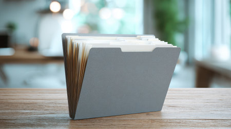 Stylish gray folder with organized documents on a wooden table in a modern workspace setting, showcasing productivity and efficient office managementの素材