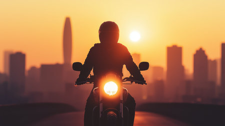 Silhouette of a Motorcyclist Against a Golden Sunset with Cityscape in the Background, Capturing Freedom and Adventure in Urban Landscapeの素材