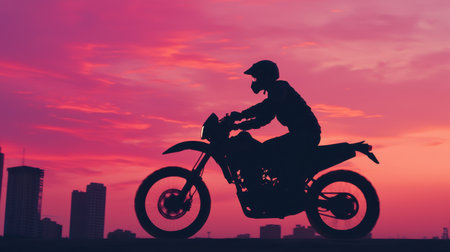 Silhouette of a Motorcycle Rider Against a Vibrant Sunset Sky Over Urban Landscape with Dramatic Clouds and City Skylineの素材