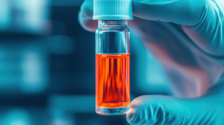 Hand Holding a Small Glass Vial with Bright Orange Liquid in a Laboratory Setting, Scientific Research and Experimentation Conceptの素材