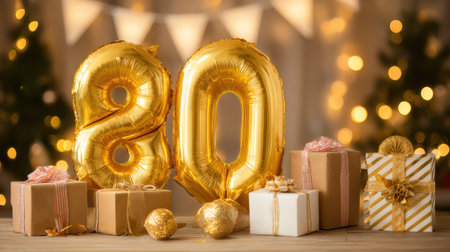 Golden 80 Balloon Display with Wrapped Gifts for Celebration and Milestone Event in Festive Atmosphere with Twinkling Lights and Decorationsの素材