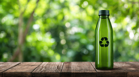 Green reusable water bottle with recycling symbol placed on a wooden table surrounded by lush greenery in a natural outdoor settingの素材