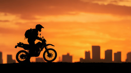 Silhouette of a Motorcyclist Riding Against a Stunning Sunset Over a City Skyline with Vibrant Colors and Dramatic Cloud Formationの素材