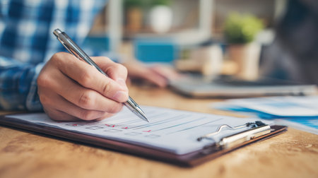 Person Writing on Checklist with Pen While Sitting at Desk with Laptop and Notepad in Background, Workspace Environment for Productivity and Organizationの素材
