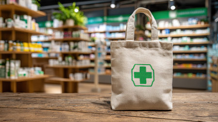 Eco-friendly tote bag with green cross symbol in modern pharmacy interior filled with various health and wellness products for promotional useの素材