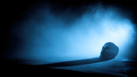 Mystical Blue Fog Surrounding a Human Skull on Dark Surface with Long Shadow Evoking Themes of Life and Death in a Dramatic Atmosphereの素材