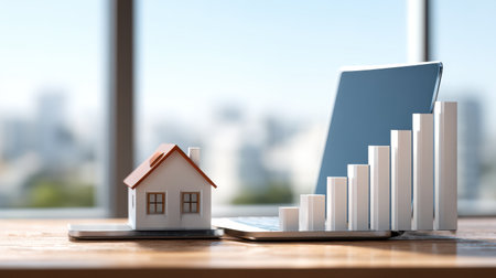 Conceptual image of real estate investment success with miniature house and financial growth chart beside laptop on wooden table in bright office environmentの素材