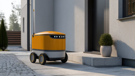 Friendly Delivery Robot on Sidewalk Near Modern House, Outdoor Robot Delivery Service for Urban Convenience in Residential Areaの素材