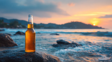 Refreshing Beverage Bottle on Rocky Beach at Sunset with Waves and Golden Sky, Perfect Summer Vibes and Relaxation Themeの素材