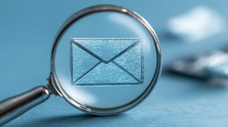 Close-up of a Magnifying Glass Focusing on a Blue Email Icon Against a Soft Blue Background Symbolizing Communication and Correspondence in Digital Ageの素材