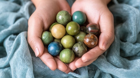 Colorful Decorative Marbles in Hands on Soft Fabric Background, Showcasing Variety of Colors and Textures for Artistic and Craft Projectsの素材