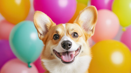 Adorable corgi with joyful expression surrounded by colorful balloons in a bright and festive atmosphere, perfect for celebrations and pet-related themesの素材