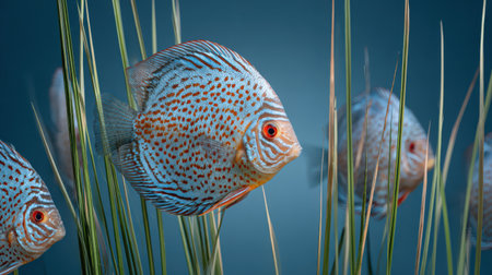 Colorful tropical fish swimming amidst vibrant aquatic plants in an underwater scene showcasing natural beauty and marine life diversityの素材