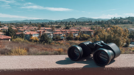 Scenic View through Binoculars over Picturesque Landscape of Homes and Mountainous Terrain under Clear Blue Sky with Lush Green Vegetationの素材