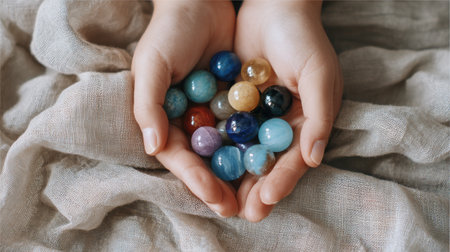 Close-Up View of Hands Holding Colorful Decorative Stones on Soft Fabric Surface, Perfect for Nature and Wellness Themesの素材