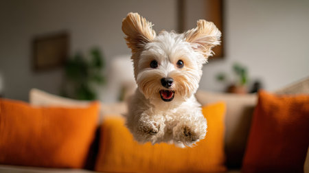 Playful dog leaps joyfully in a cozy living room setting, capturing the essence of happiness and companionship through its delightful expression and energyの素材